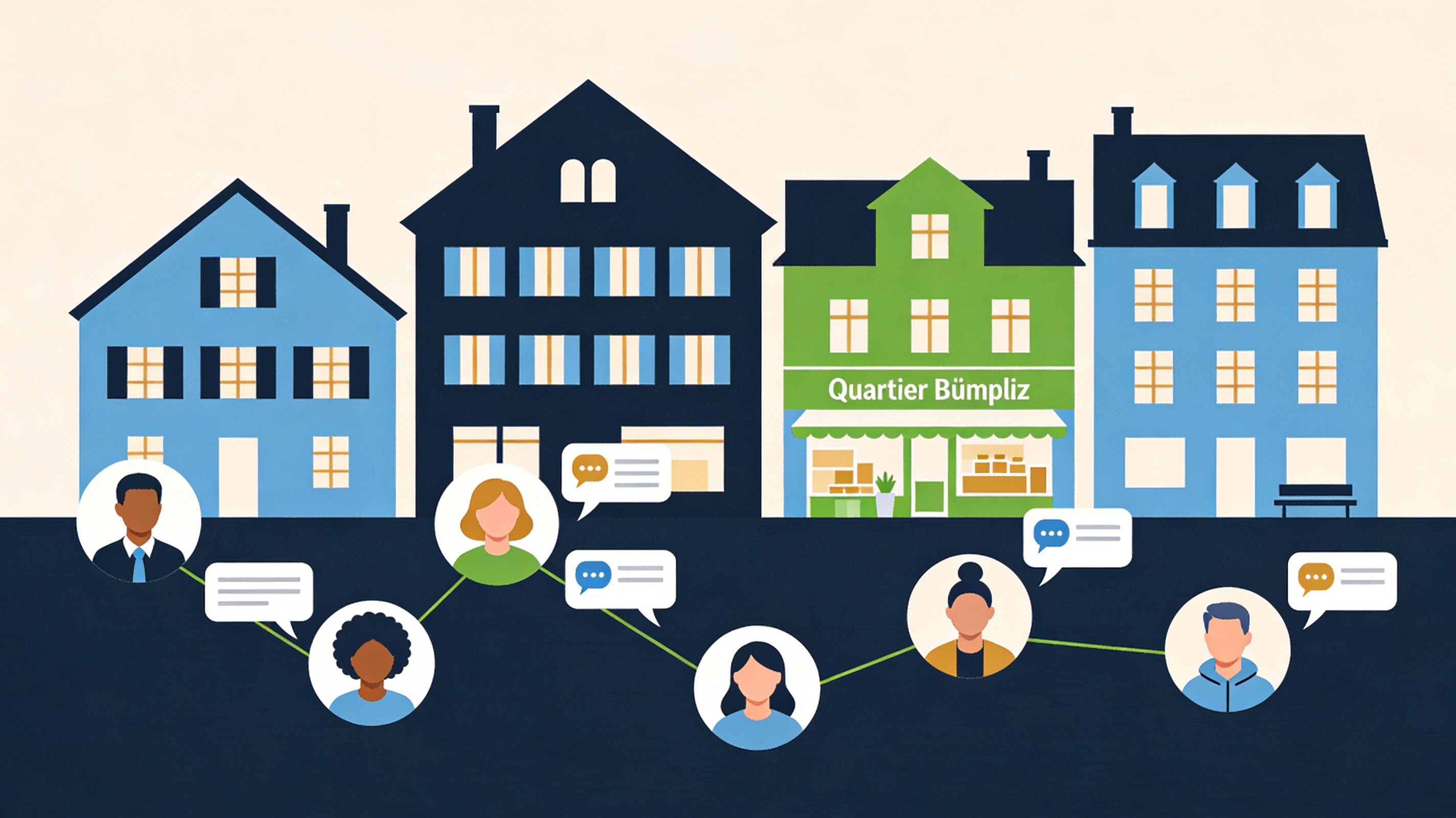 llustration von Wohnhäusern im Quartier Bümpliz; davor mehrere stilisierte Menschen, die über Sprechblasen miteinander vernetzt sind, als Symbol für Austausch und Gemeinschaft.