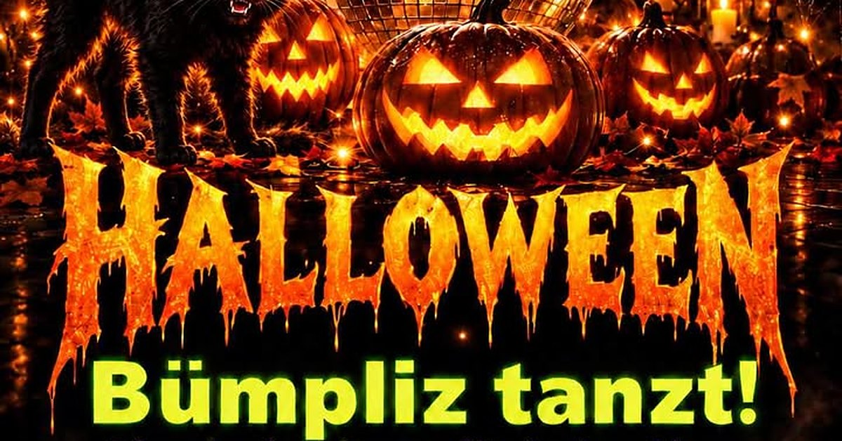 Leuchtende Kürbisse, eine schwarze Katze und eine Discokugel über dem Schriftzug «Halloween – Bümpliz tanzt!».